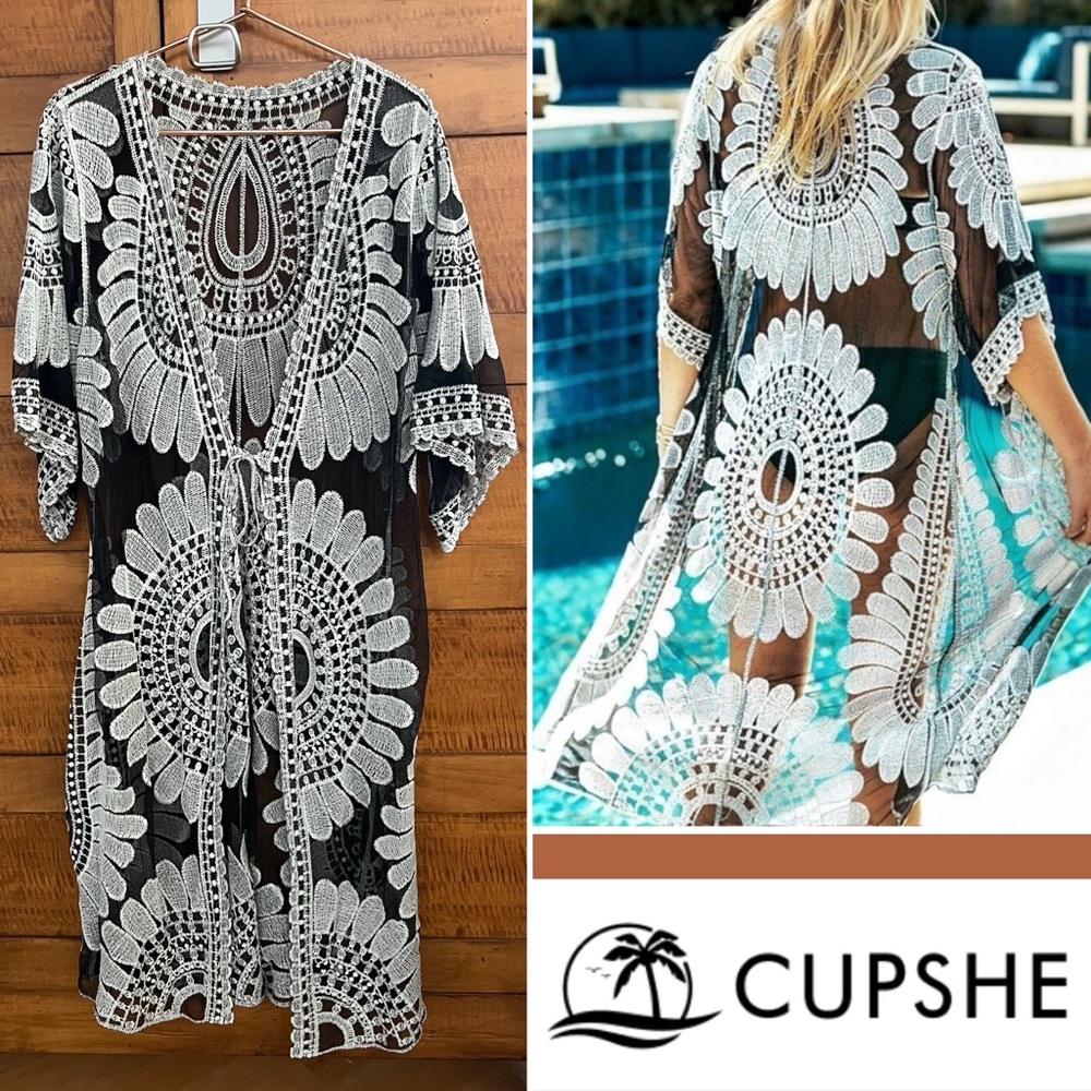 Long Bohemian Kimono Tie Mesh Lace Crochet Sheer Embroidered Sleeve Swim Coverup